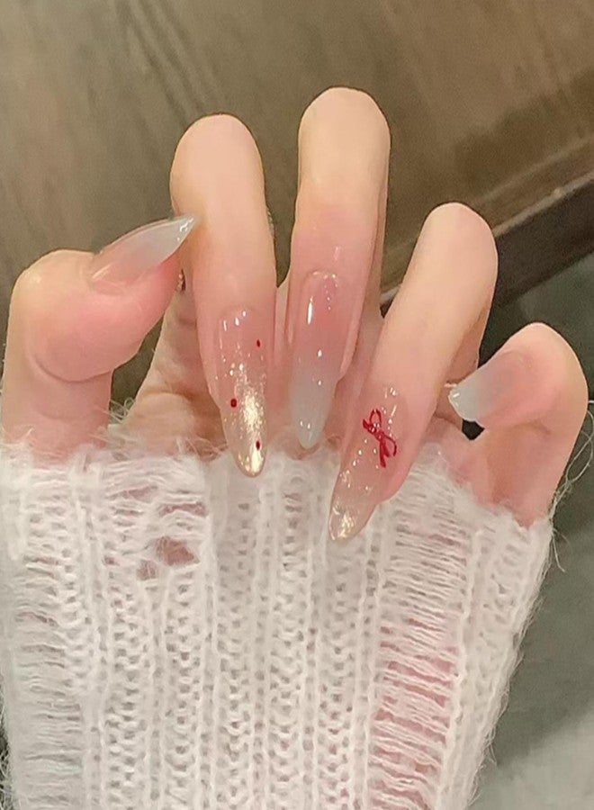 YoYoee 24Pes Short Press on Nails - Almond Fake Nails Nude Bow False Nails Gradient Full Cover Nails Tips for Women - Image 1